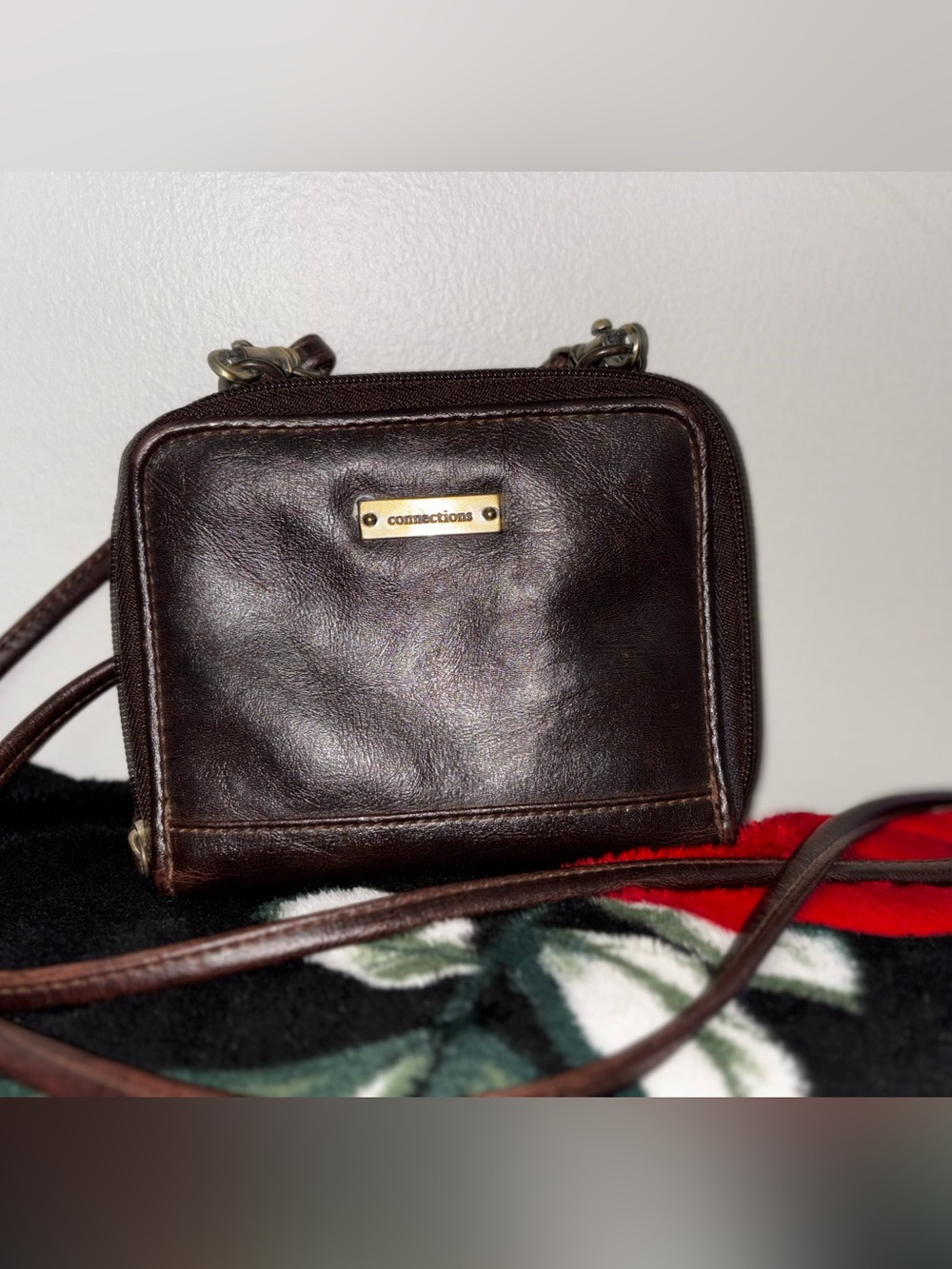 Connections Dark Brown Leather Crossbody Bag with Gold Plate
